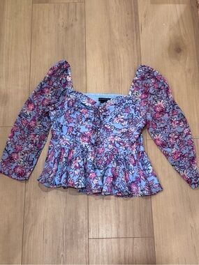 French Connection Light Blue Floral Blouse with Long Sleeves and a knot